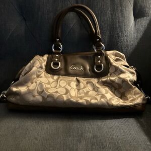 Coach Cream and Brown Signature Satchel